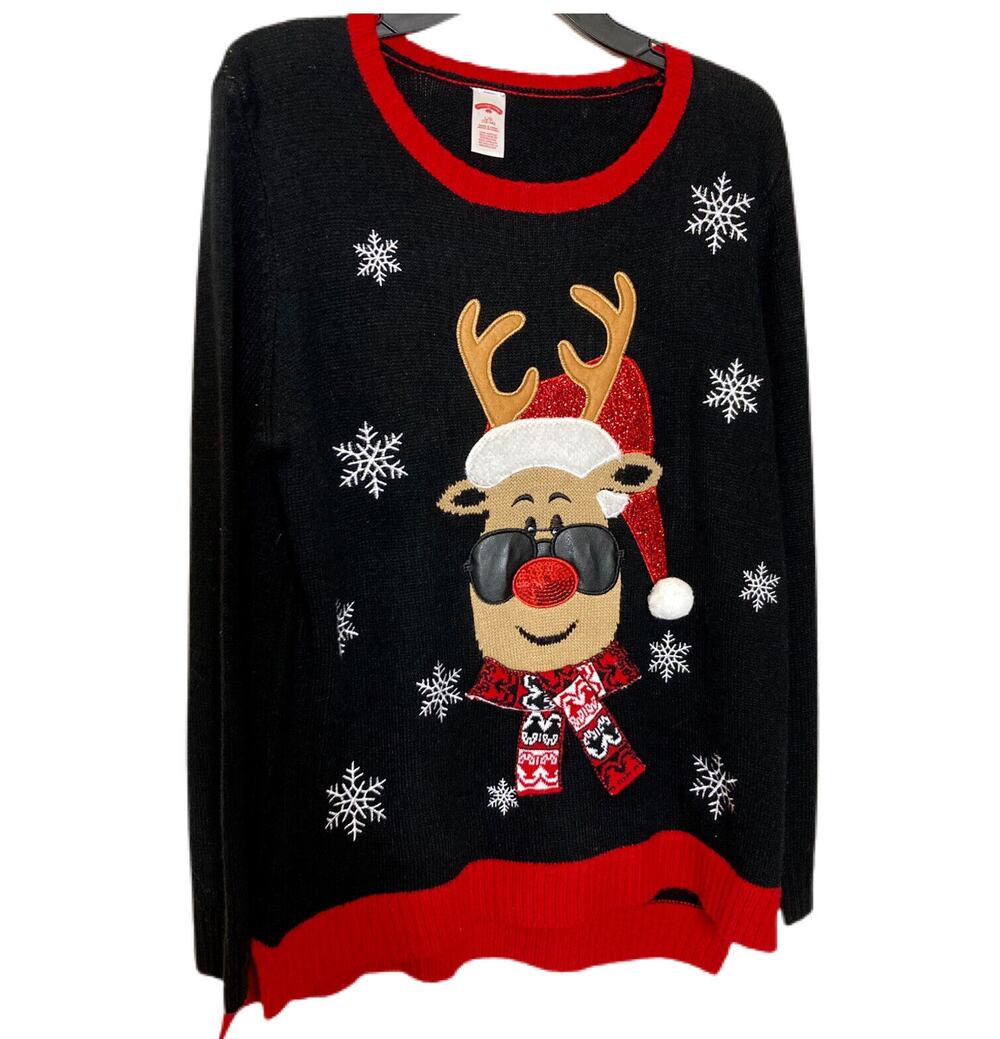 Ugly Christmas Sweater Rudolph Sunglasses Pullover L 12/14 L Festive Party
